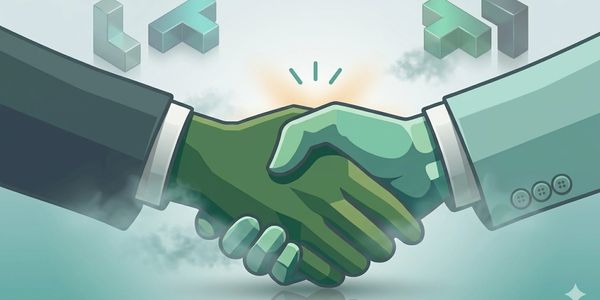 Two green-toned hands shaking in agreement with puzzle pieces in background.