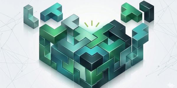 3D puzzle pieces assembling into a cube with a glowing center.