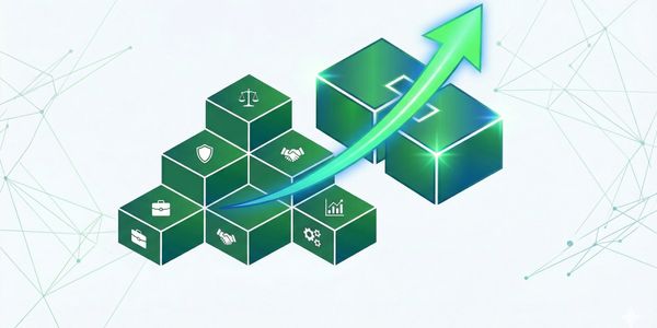 Green blocks with business icons and an upward arrow showing growth.