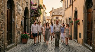 Group of people walking through a charming old street.