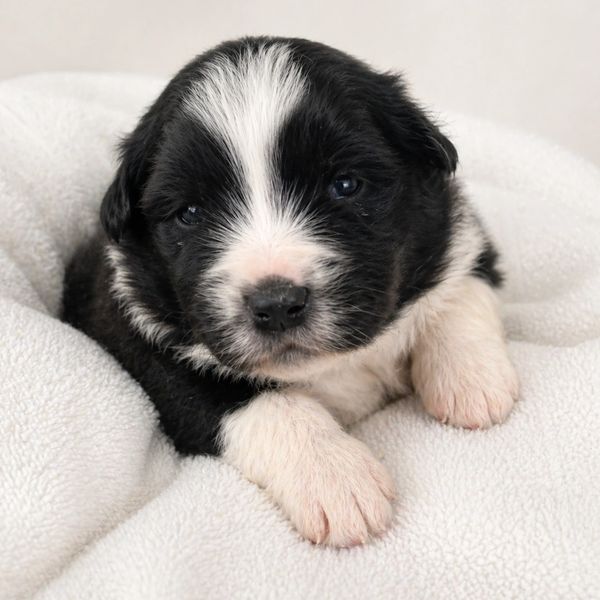 Adorable black and white puppy resting on a soft white blanket.