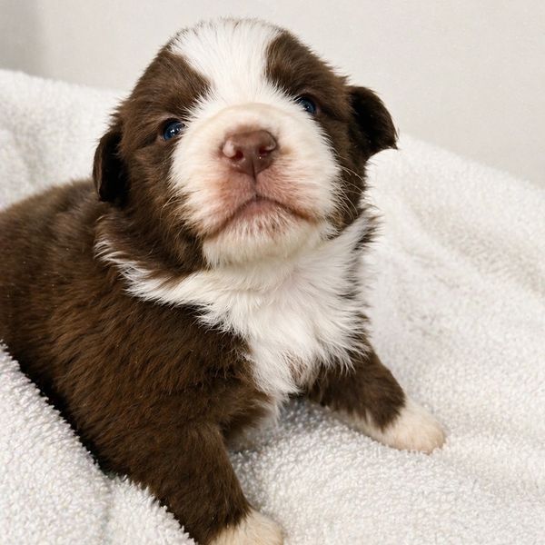 Adorable brown and white puppy resting on a soft blanket.