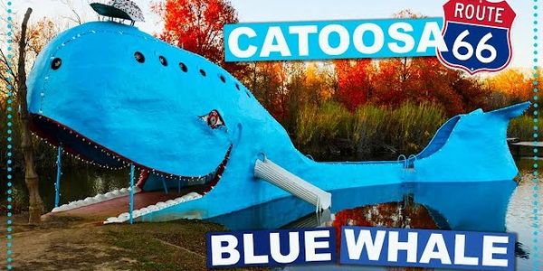 The iconic Blue Whale of Catoosa along Route 66 on a calm autumn day.