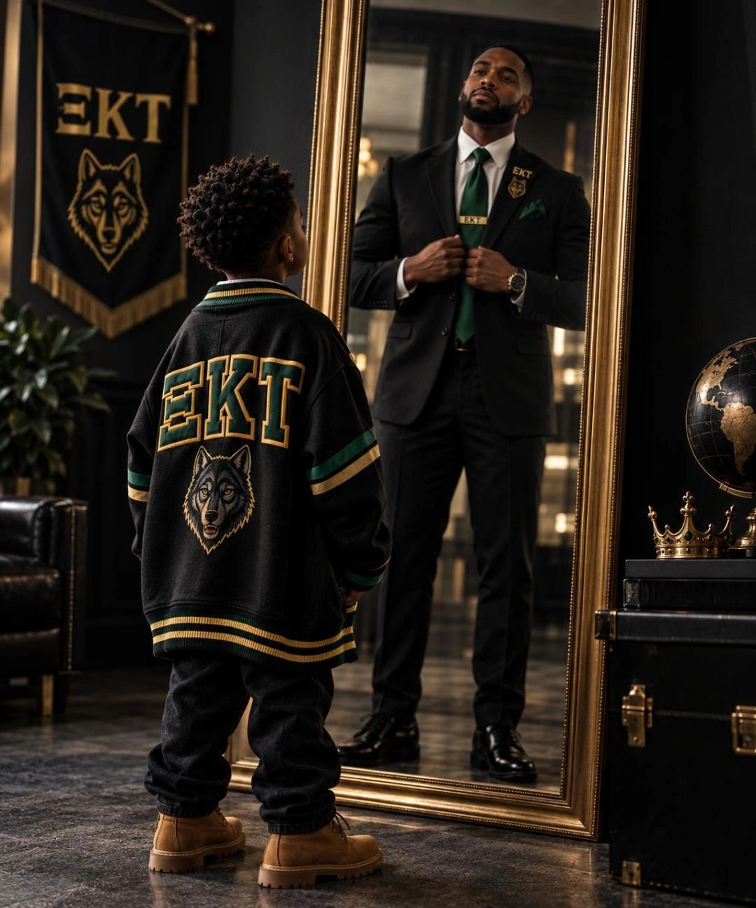 Young boy in varsity jacket sees his reflection as a man in a suit.