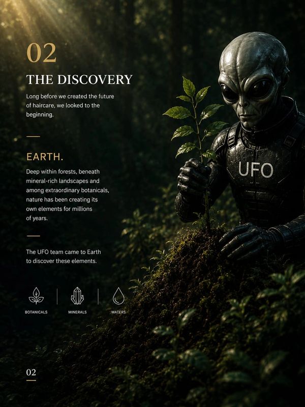 Alien in a forest holding a plant, labeled 'UFO'.