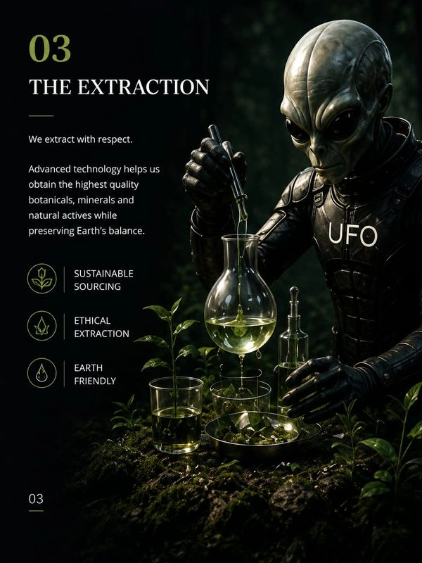 Alien conducting botanical extraction with care for Earth.