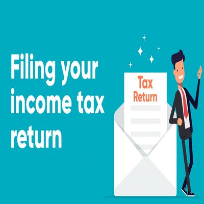 Illustration of a man next to a tax return form with filing income tax return text.
