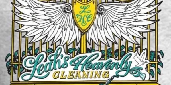 Logo for Leah's Heavenly Cleaning with wings, gate, and vacuum.