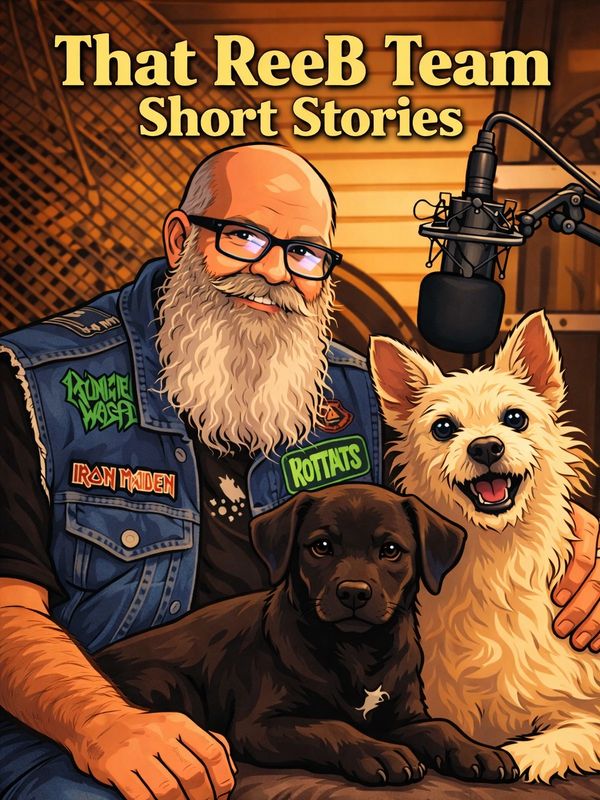 Bearded man with two dogs in a podcast studio illustration.
