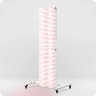 Tall white LED panel on wheels with red lights, designed for mobile use.