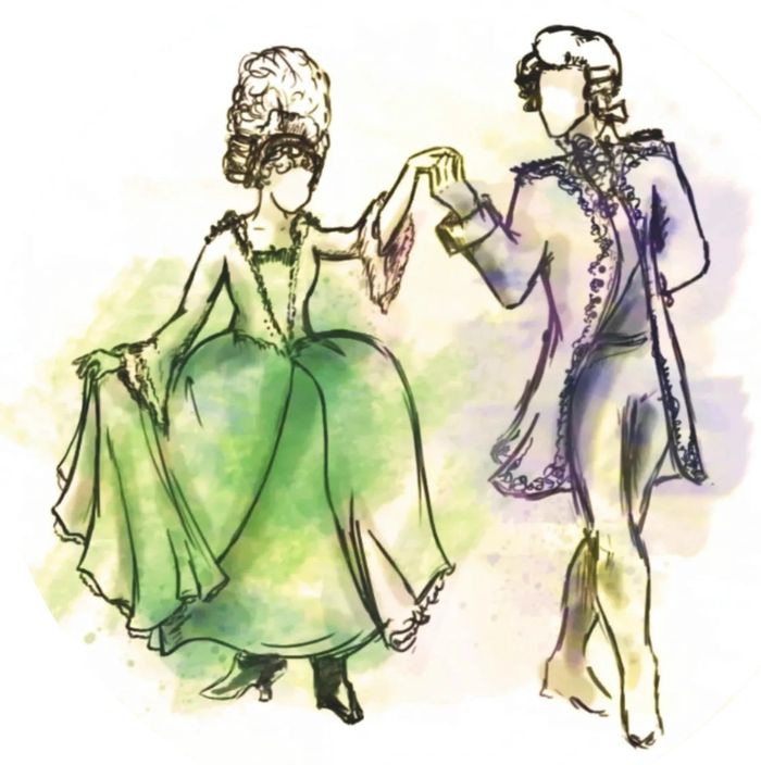Sketch of dancing couple wearing colonial era costumes.