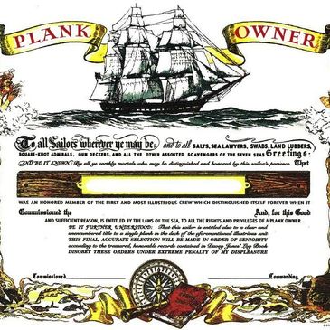 Vintage ship illustration with a 'Plank Owner' banner and maritime text.