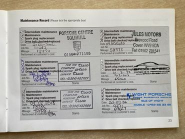 A vehicle maintenance record booklet with stamps and handwritten entries from Porsche Centre and Jules Motors.