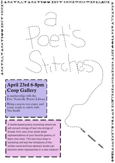 Flyer for a textile poetry workshop called 'a Poet's Stitches' at Coop Gallery.