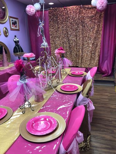 Gold Glitter Pink birthday party for food and cake room.  Best birthday party ideas for kids in Milw