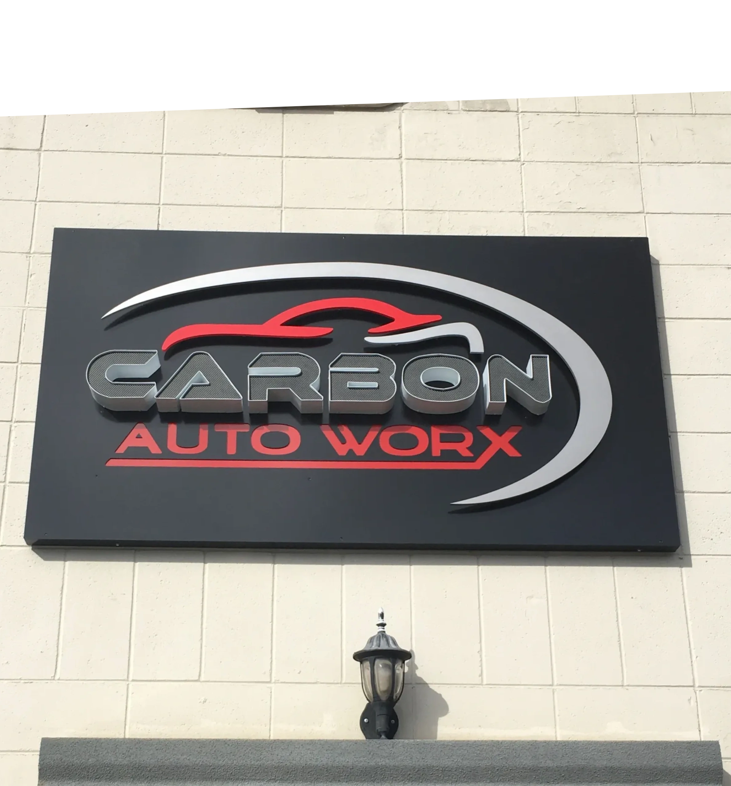 3 Different effects. Channel Letters spell Carbon , Raised elements on standoffs and Flush Autoworx 