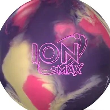 Close-up of an Ion Max bowling ball with purple, yellow, and pink colors.