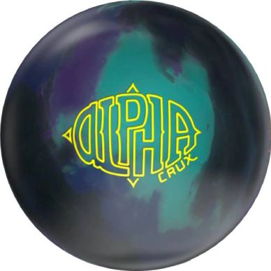 Glossy bowling ball with green and purple colors and yellow logo.