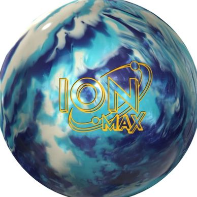 Blue and white swirled bowling ball with Ion Max label