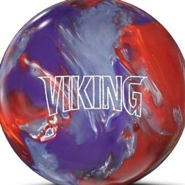 Colorful Viking bowling ball with red, purple, and white swirls.