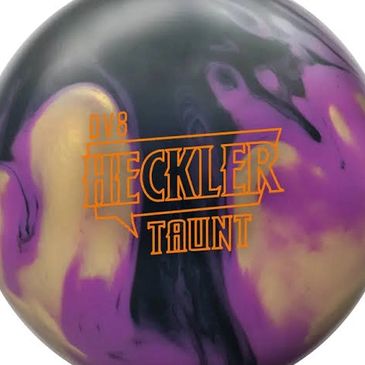 Purple and black bowling ball with gold swirls.