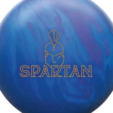 Blue bowling ball with Spartan logo
