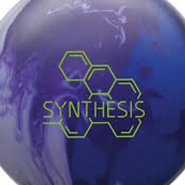 Blue bowling ball with synthesis logo.