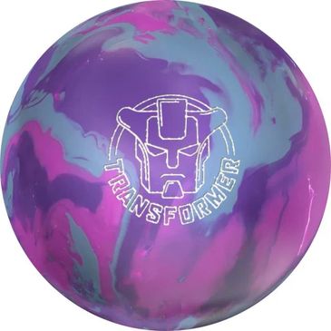 Purple and blue marbled bowling ball with a Transformer logo.