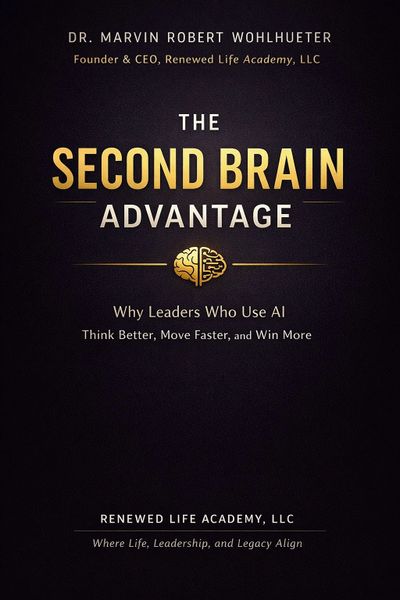 Book cover titled 'The Second Brain Advantage' by Dr. Marvin Robert Wohlhueter about AI leadership.