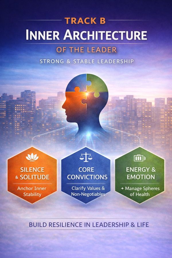 Visual guide to strong leadership focusing on silence, core convictions, and managing energy and emotion.