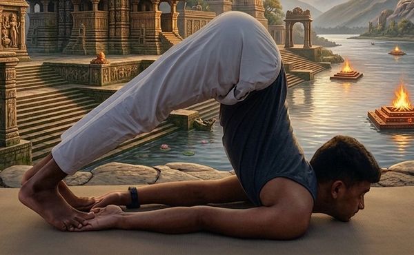  A powerful and graceful advanced yoga inversion, the Chin Stand (Ganda Bherundasana 