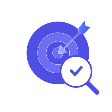 Blue target with arrow and magnifying glass showing a checkmark.