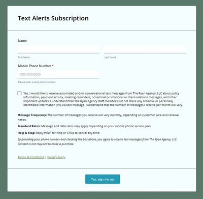 Text Alerts Subscription form for mobile phone users.