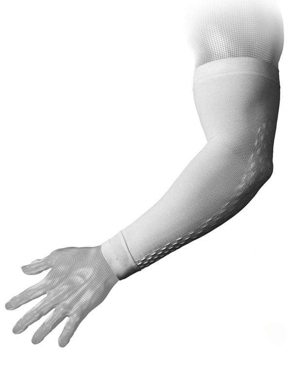 White compression sleeve on arm with glove attached.