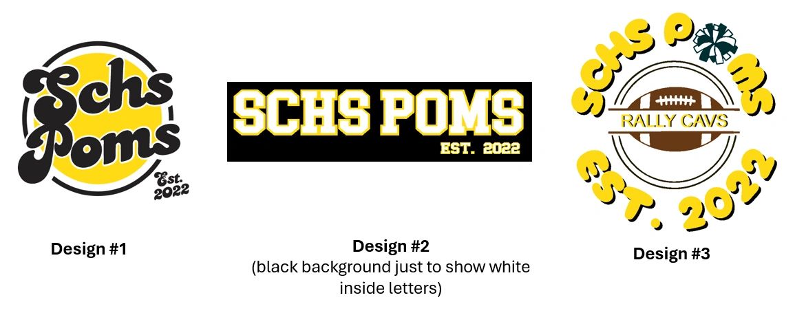 Three SCHS Poms logo designs with yellow and black themes.
