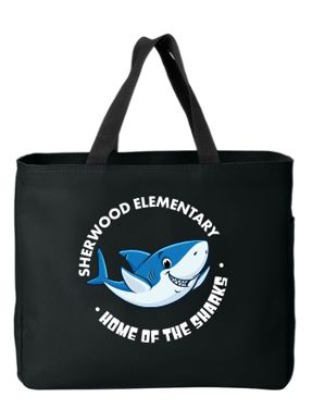 Black tote bag with a shark mascot and school name.