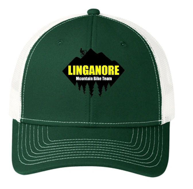 Green and white trucker hat with Linganore Mountain Bike Team logo.