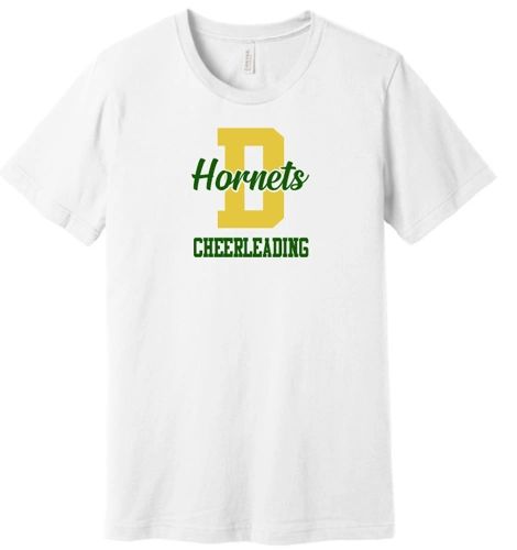 White t-shirt with 'Hornets Cheerleading' design.