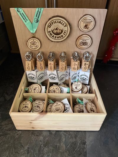 Hiking gifts displayed in a retail stand 