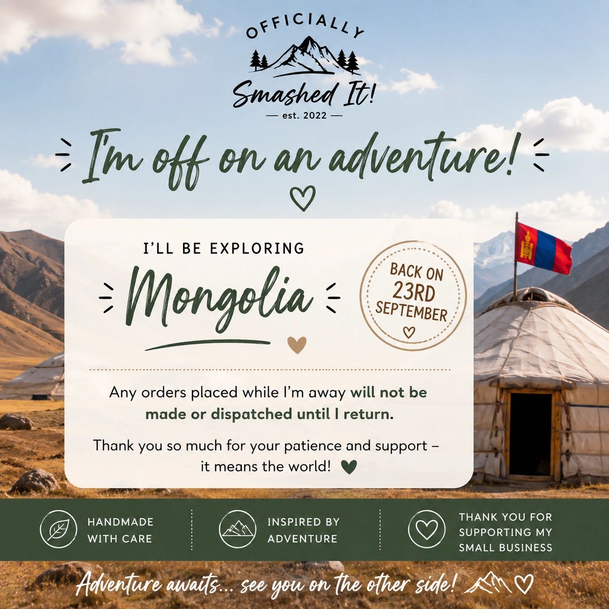 Im away on annual leave exploring Mongolia and won’t be back until Sept 23rd 