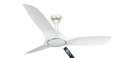 Modern white ceiling fan with three blades and a remote control.