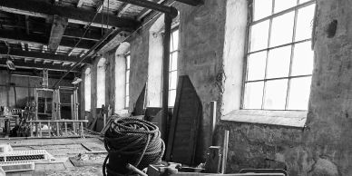 Interior of an old, abandoned industrial building.