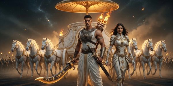 Two warriors in ancient armor lead a chariot drawn by white horses into battle.