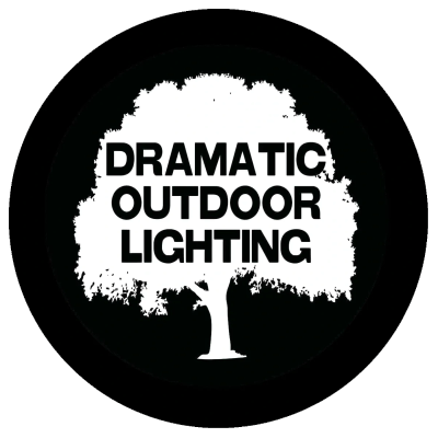 White tree silhouette with "Dramatic Outdoor Lighting" text inside on black background.