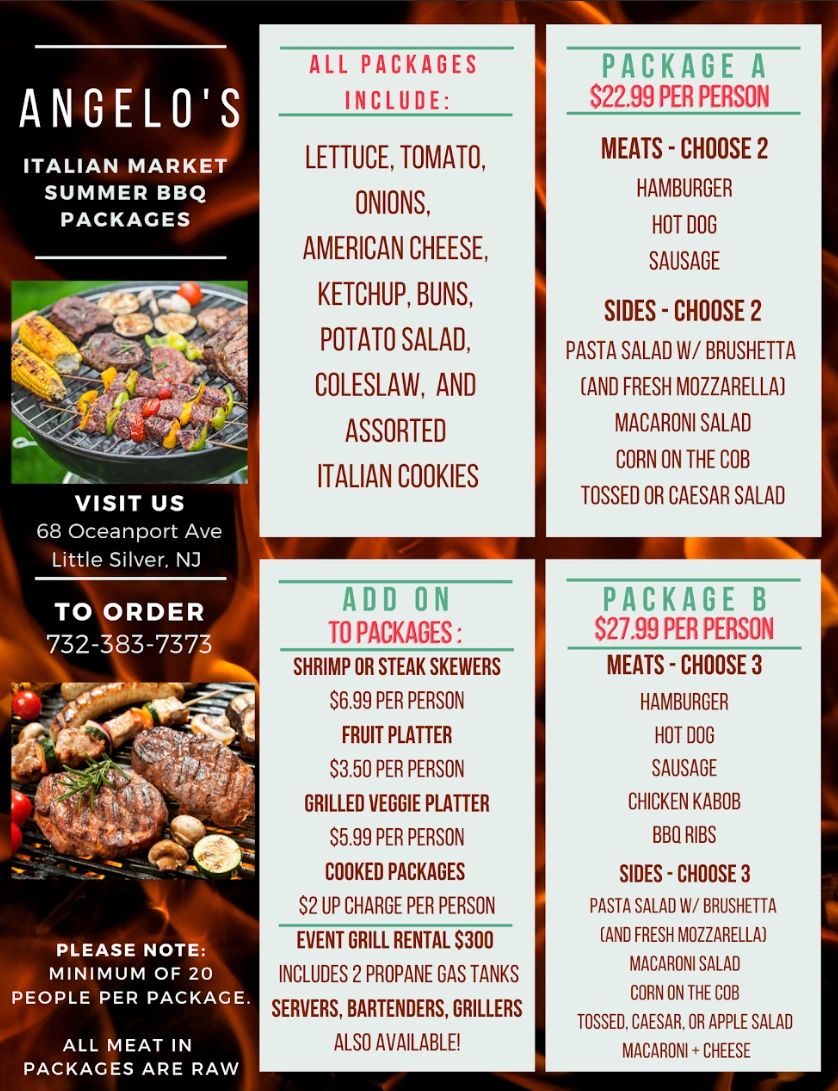 Angelo's Italian Market offers summer BBQ packages with meats, sides, and add-ons, plus event grill rental.