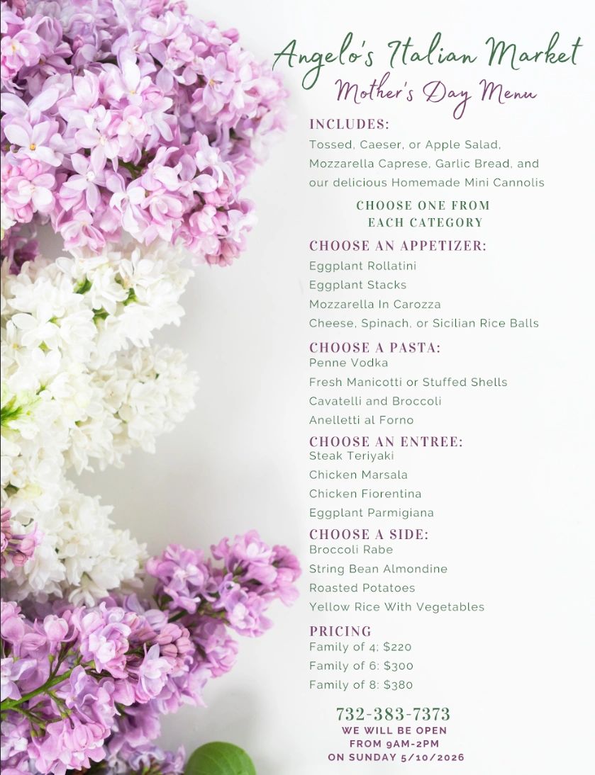 Mother's Day menu at Angelo's Italian Market with customizable Italian dishes and pricing for families.