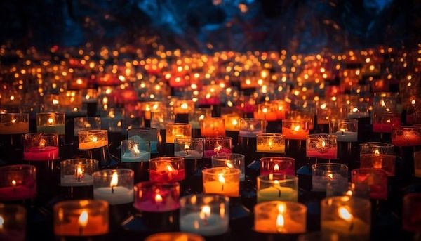 A picture of candles lit on the floor 