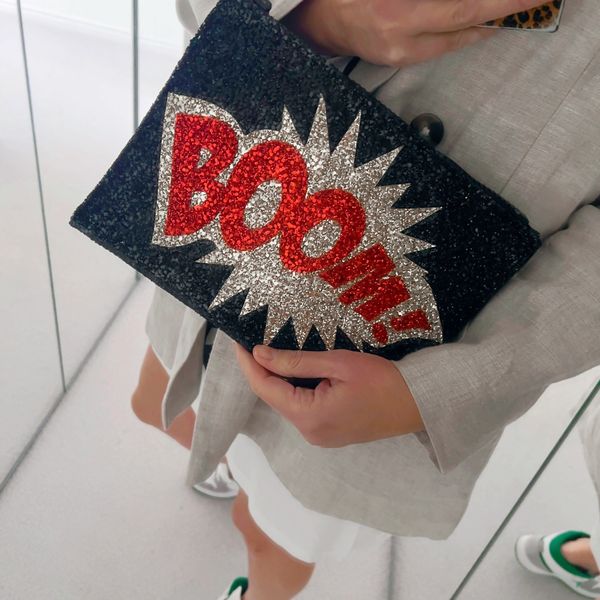 Boom glitter clutch bag cross body bag. Sequin bag. 