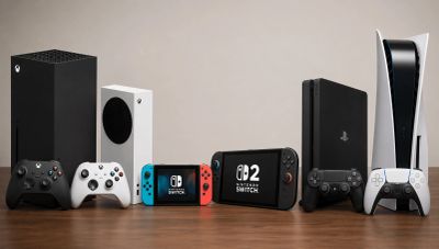 Console and Controllers for Xbox Series S|X, Nintendo Switch 1 and 2, PlayStation 4 and 5.