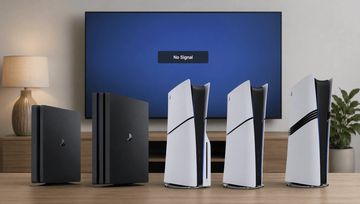 Television showing No Signal to indicate Hdmi Port issue. Shows consoles of PlayStation 4 and 5.